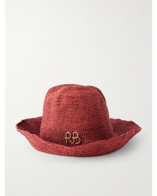 Ruslan Baginskiy Red Monogram-Embellished Straw Bucket Hat