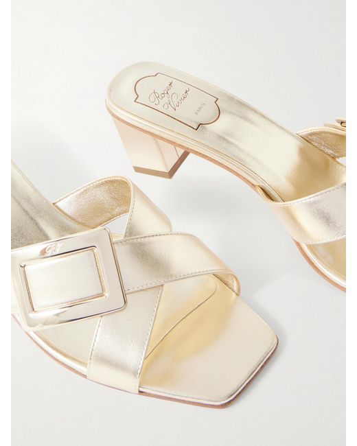 Roger Vivier Natural 45 Buckled Metallic Leather Mules