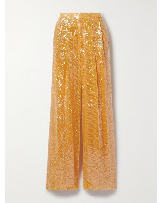LAPOINTE Yellow Pleated Sequined Crepe Straight-Leg Pants
