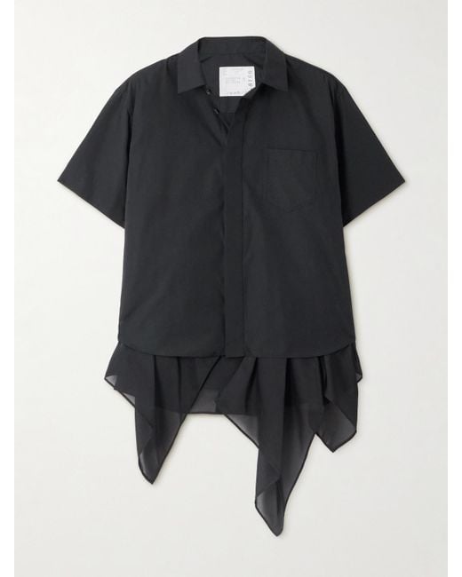 Sacai Black Hemd Aus Popeline Mit Chiffonbesatz