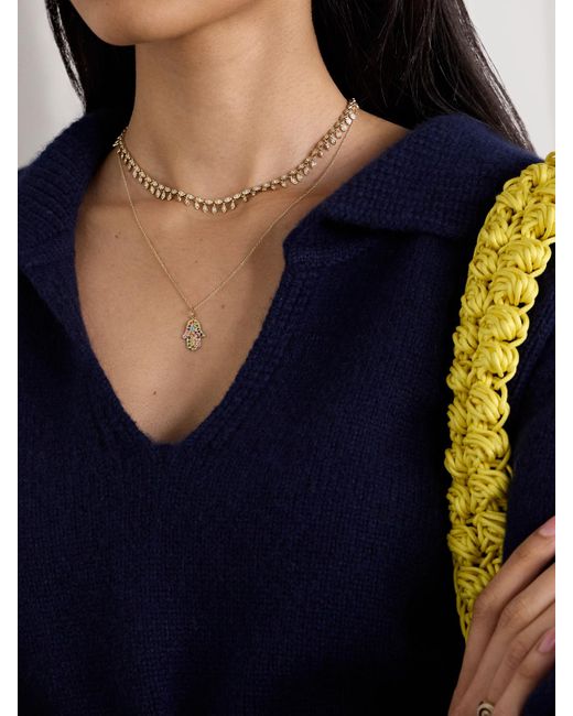 Sydney Evan Natural Medium Hamsa 14-Karat Multi-Stone Necklace