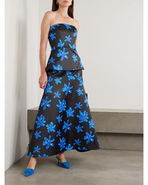 Emilia Wickstead Blue Tamilla Floral-Print Faille Maxi Skirt