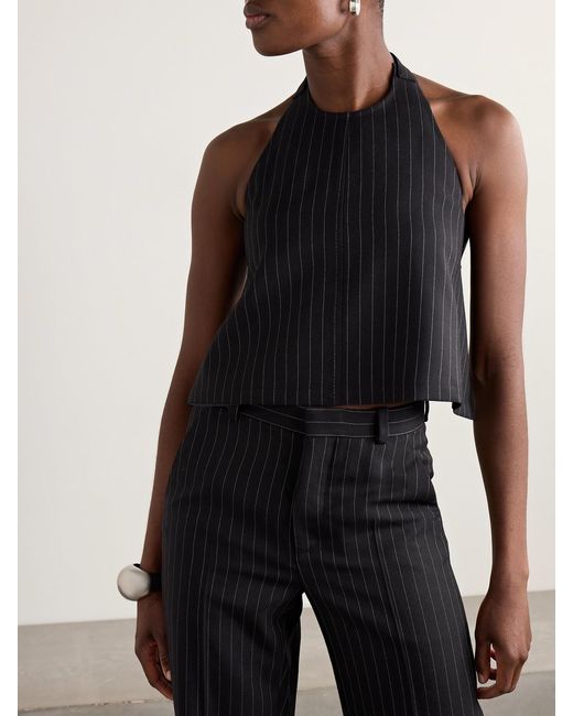Wardrobe NYC Black Open-Back Pinstriped Wool-Twill Halterneck Tank