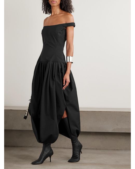 magda butrym milano pleated silk dress Magda Butrym Women's Black Off-The-Shoulder Silk-Poplin Midi Dress