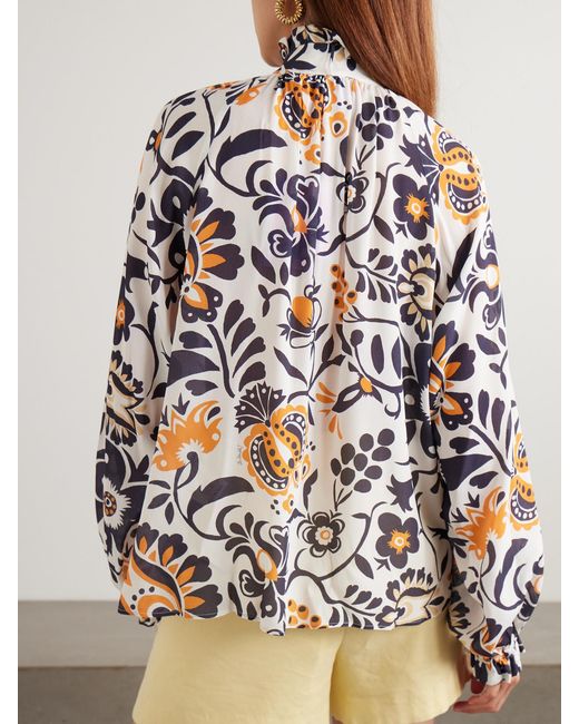 LaDoubleJ White Cerere Ruffled Tie-Detailed Printed Crepe Blouse