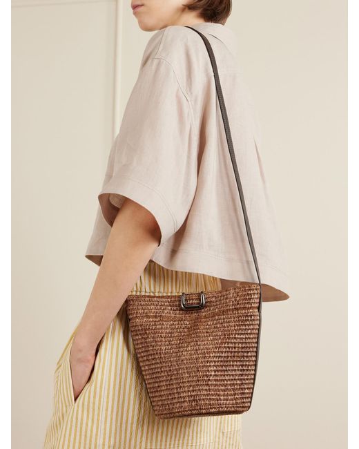 Brunello Cucinelli Brown Leather-Trimmed Raffia Bucket Bag