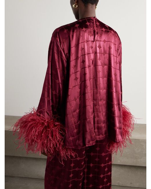 Dima Ayad Red Geometric Feather-Trimmed Devoré-Satin Blouse