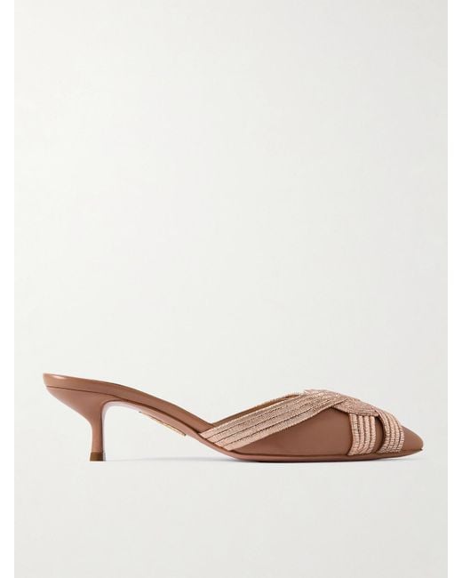 Aquazzura Natural Felix 50 Metallic Leather Mules