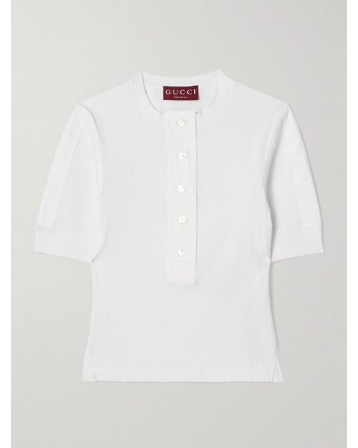 Gucci White Oberteil Aus Gerippter Stretch-Baumwolle Mit Popelineeinsätzen