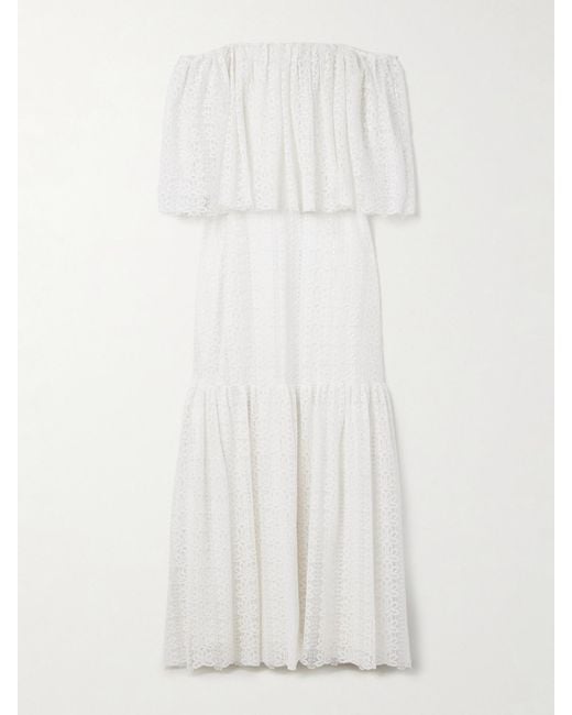 Dima Ayad White Off-The-Shoulder Tiered Metallic Lace Maxi Dress