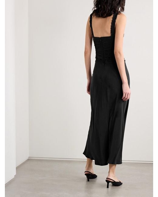 STAUD Nic Ruched Washed-Silk Maxi Dress in Black | Lyst UK