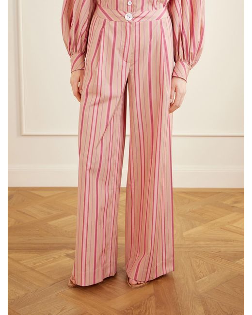 Thierry Colson Pink Loulou Pleated Striped Cotton-Poplin Wide-Leg Pants