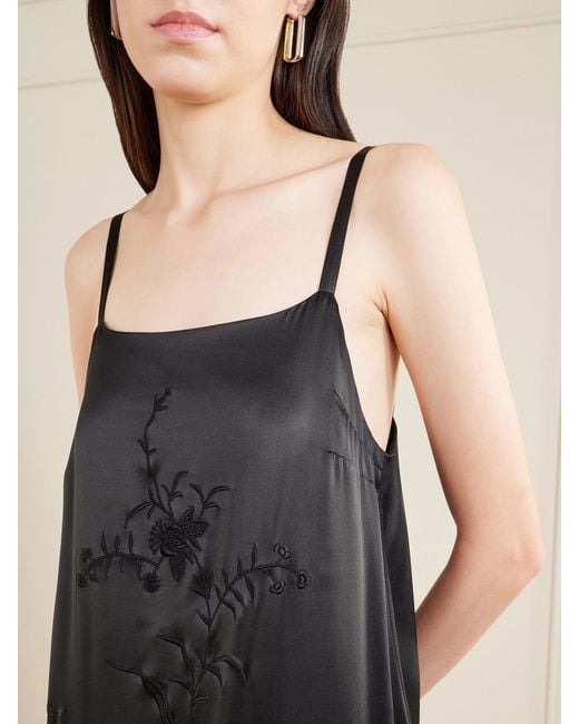 Bode Black Fringed Embroidered Silk-Satin Midi Dress