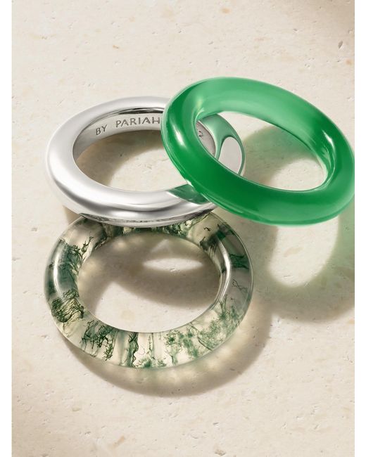 BY PARIAH Green Stone Trilogy Set Of Three Sterling, Agate And Aventurine Rings
