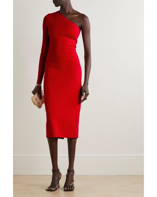 Victoria Beckham Red Vb Body One-Shoulder Stretch-Knit Midi Dress