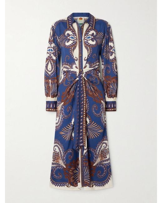 Farm Rio Blue Arabesque Belted Printed Lenzing Ecovero Midi Shirt Dress
