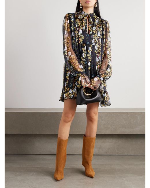 Etro Black Tie-Neck Floral-Print Silk-Crepon Mini Dress