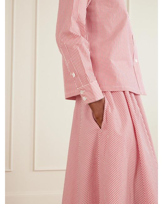 Suzie Kondi Pink Kyria Shirred Striped Cotton-Poplin Midi Skirt