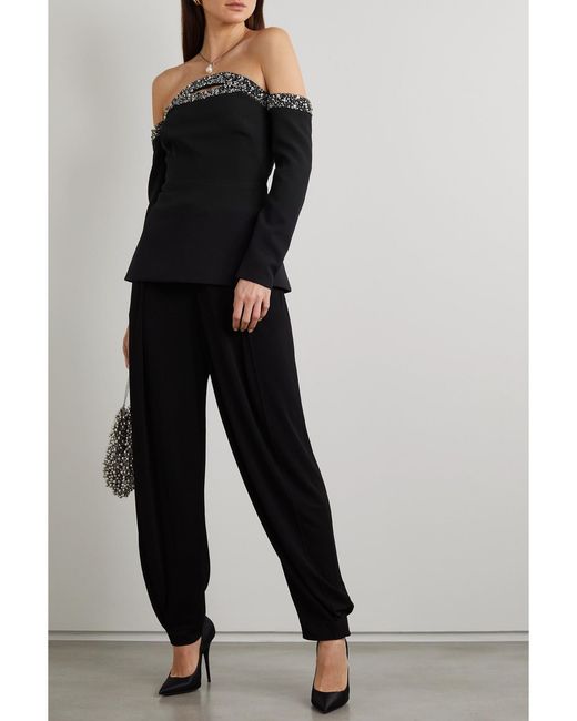 Safiyaa Black Roisin Off-The-Shoulder Cutout Embellished Crepe Top