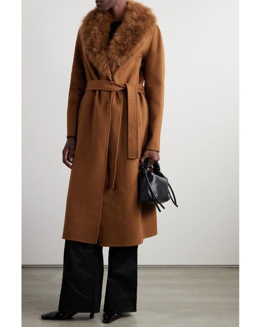Yves Salomon Brown Mantel Aus Einer Woll-Kaschmirmischung Mit Shearling-Besatz Und Bindegürtel
