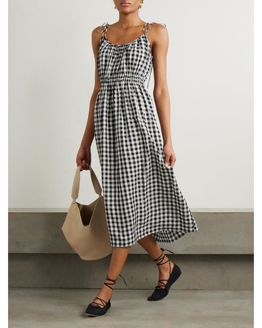 Doen White Leslie Tie-Detailed Smocked Gingham Voile Midi Dress
