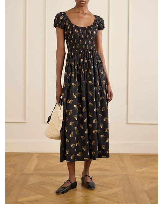 Doen Black Quinley Shirred Floral-Print Cotton-Blend Poplin Midi Dress