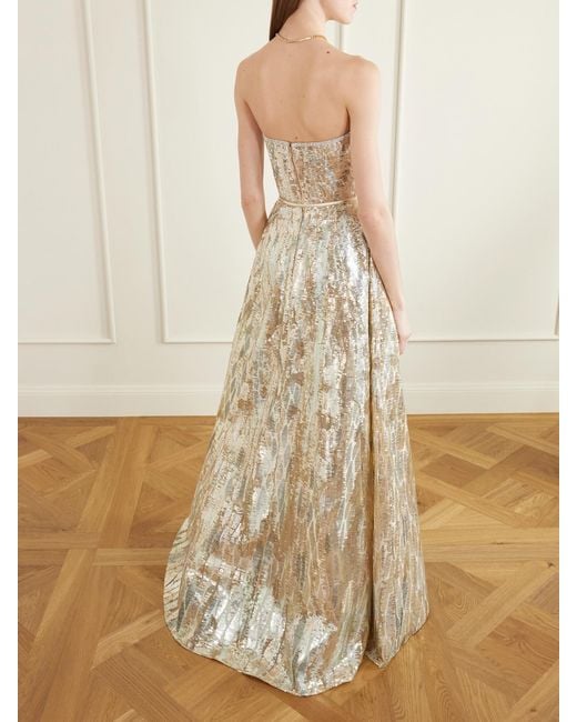 Elie Saab White Strapless Belted Sequin-Embellished Tulle Gown