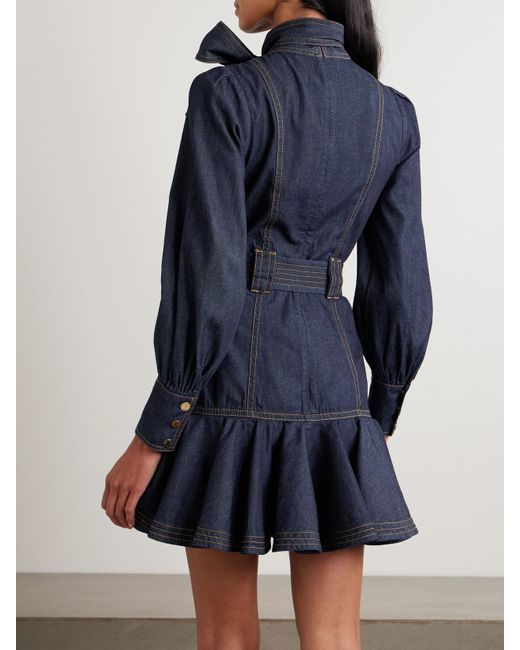 Mini-Robe En Jean À Col Noué, Ceinture Et Volants Zimmermann en coloris Blue