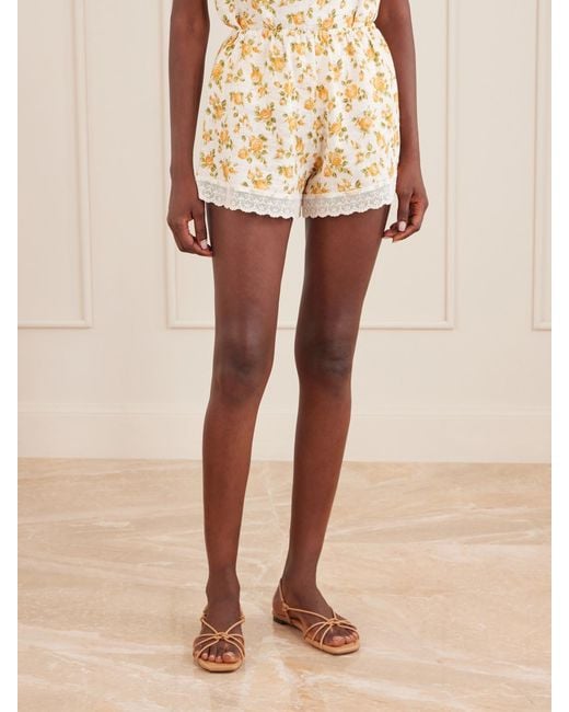 Miguelina White Celestine Floral-Print Lace-Trimmed Linen Shorts