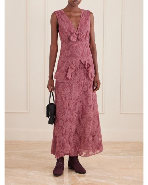 Anna Sui Purple Bow-Detail Lace-Embroidered Midi Dress