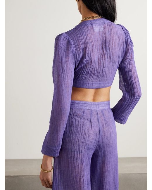Lisa Marie Fernandez Purple Net Sustain Cropped Tie-Front Linen-Blend Gauze Blouse
