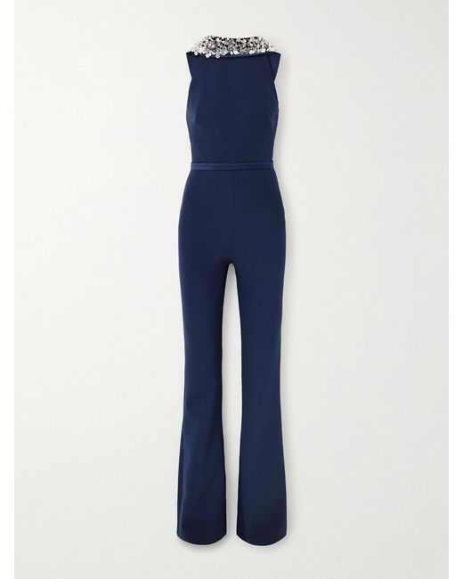 Safiyaa Blue Luna Embellished Duchesse Satin-Trimmed Crepe Jumpsuit