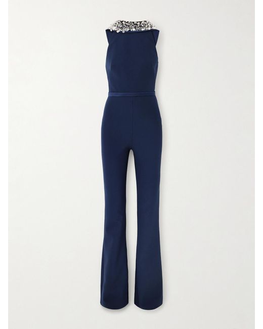 Safiyaa Blue Luna Embellished Duchesse Satin-Trimmed Crepe Jumpsuit