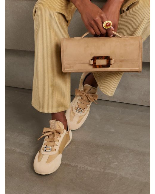 Roger Vivier Natural Leather-Trimmed Suede And Embroidered Canvas Sneakers
