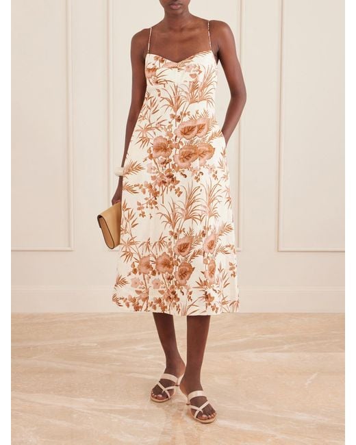 Cara Cara White Cherry Floral-Print Linen Midi Dress