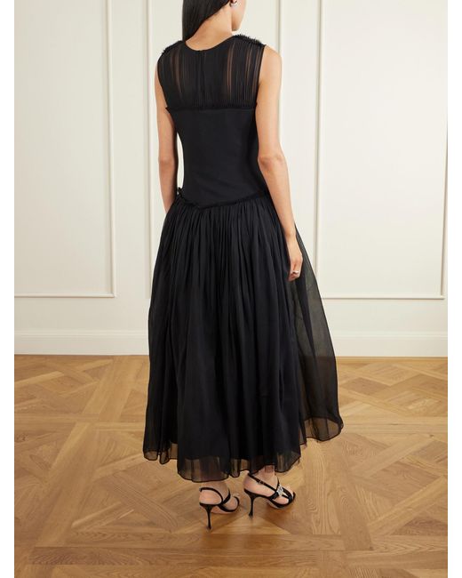 Abadia Black Plissé Chiffon-Trimmed Silk-Satin Midi Dress