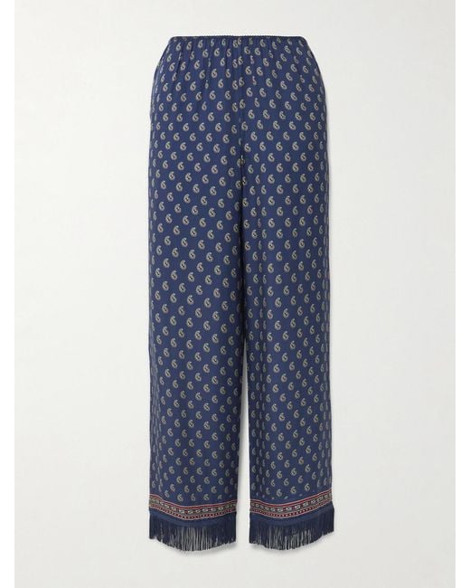 Doen Blue Lavon Fringed Paisley-Print Silk Straight-Leg Pants