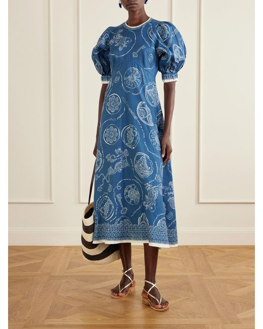ALÉMAIS Blue Lucky Printed Linen Midi Dress