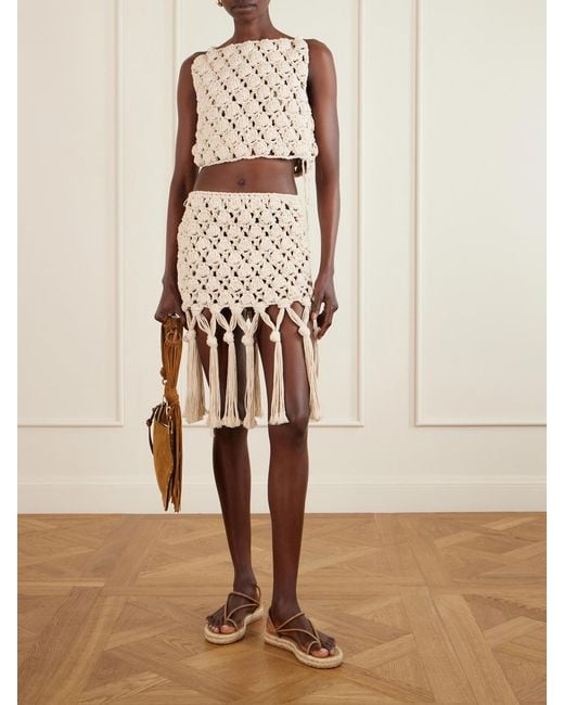 Balmain Natural Fringed Crochet-Knit Cotton Mini Skirt
