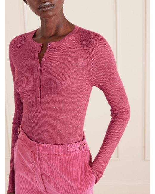 Gabriela Hearst Pink Anges Ribbed Cashmere, Silk And Hemp-Blend Henley Shirt
