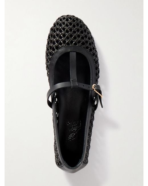 Ancient Greek Sandals Black Aerati Leather-Trimmed Woven Raffia Ballet Flats
