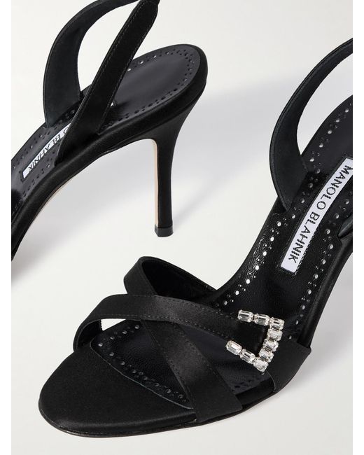Manolo Blahnik Metallic Ramisli 90 Crystal-Embellished Satin Slingback Sandals