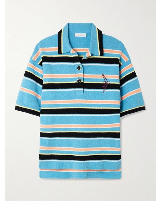 Rabanne Blue Embroidered Striped Cotton-Blend Terry Polo Shirt