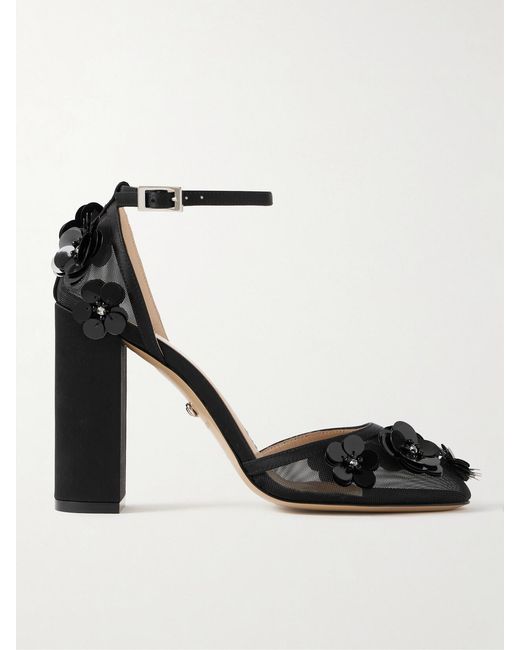 Mach & Mach Black Satin-Trimmed Embellished Mesh Pumps