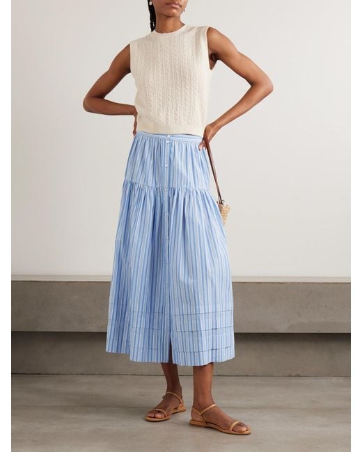 Doen Blue Marceline Tiered Striped Organic Cotton Midi Skirt