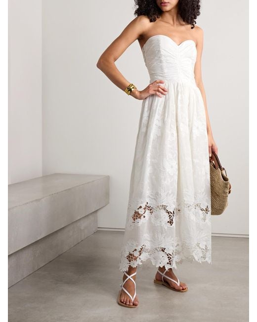 Robe Midi Bustier En Voile De Coton À Broderies Et À Finitions En Dentelle Guipure Desideria Loretta Caponi en coloris White