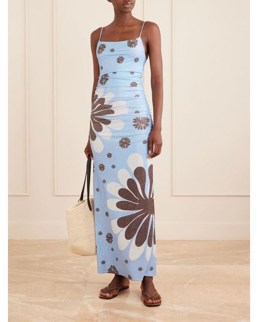 Cala De La Cruz Blue Kim Ruched Printed Metallic Jersey Maxi Dress