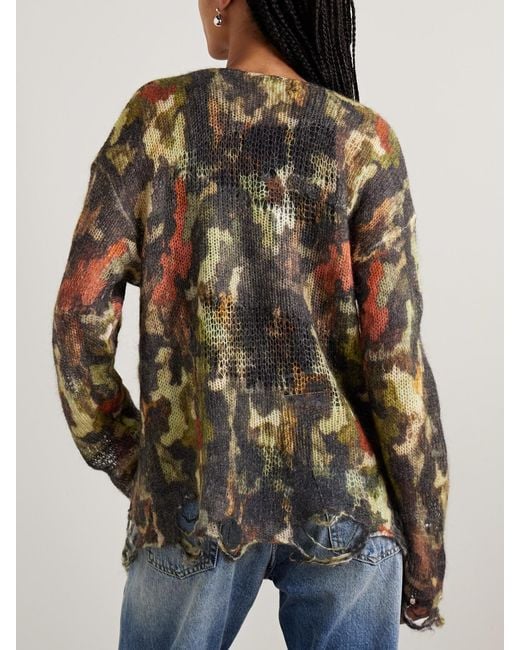 R13 Green Boyfriend Distressed Camouflage-Print Open-Knit Sweater