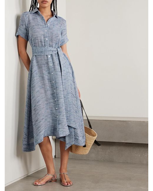 Lisa Marie Fernandez Blue Belted Linen-Blend Tweed Midi Shirt Dress