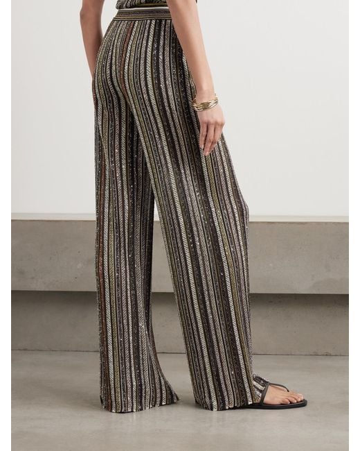 Missoni Brown Sequin-Embellished Striped Crochet-Knit Wide-Leg Pants